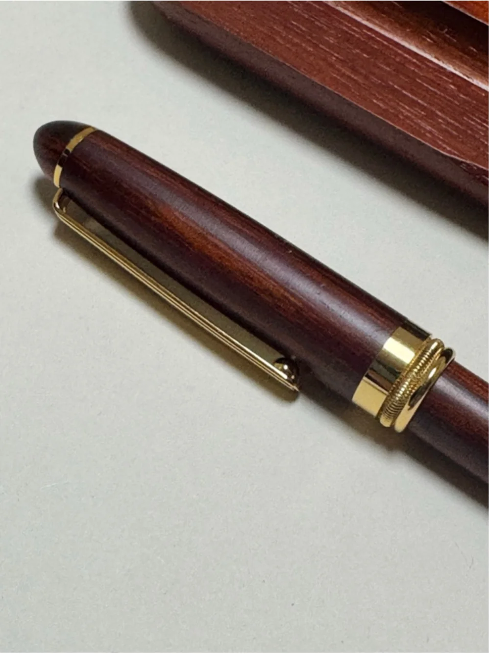 Carved Rose Wood Ballpoint Pen Gold Band Greek Key Design With Wooden Case